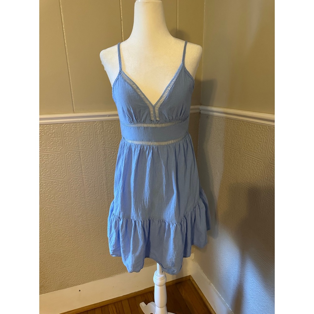 Cider Light Blue Tie Back Mini Dress Ladder Stitch Trim Ruffle Hem XS